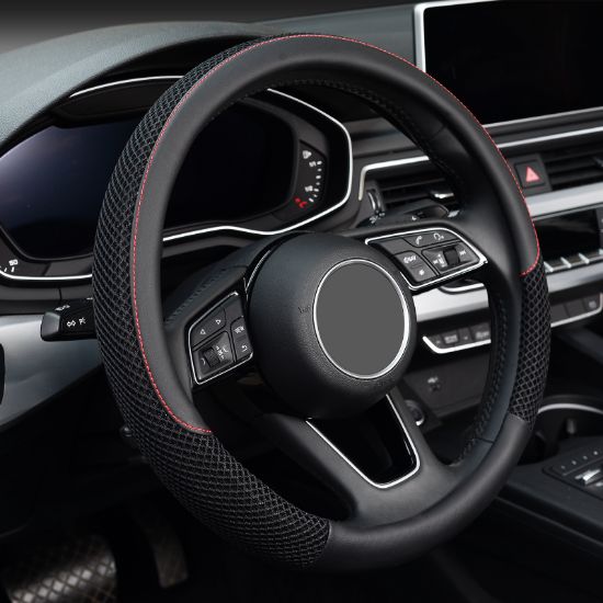 图片 KAFEEK Steering Wheel Cover, Universal 15 inch, Microfiber Leather Viscose, Breathable, Anti-Slip,Warm in Winter and Cool in Summer, Black